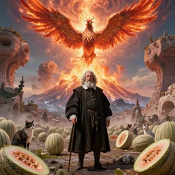 by barthel bruyn the elder and senior character artist, visually stunning, cinematic, * * ultra realistic, hyper realism, 1 2 k, epic, octane render, unreal engine, vfx, maya, weird, fractalized, ifs * *, cats and cantaloupes, eruption at mount edna ( sicily ) gives the illusion of a phoenix in the sky