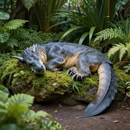 realistic still image of falkor sleeping in a lush garden