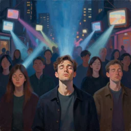 detailed painting of a man standing in a city with his eyes open but everyone else has their eyes closed, television screens beam out coloured light to the people with no eyes