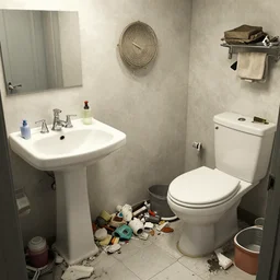 a messy bathroom with a washbasin and a toilet, lots of rubbish, trending on artstation, mixed media, octane rendering
