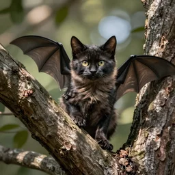 a bat kitten, in a tree, wings folded, Nikon, telephhoto
