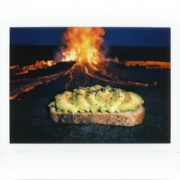 polaroid picture of avocado toast, hell, wide angle, fire, lava, magma, horror, side view