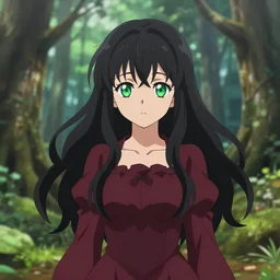 isekai enchanted forest cute bombshell anime alchemist with flowing black hair, burgundy dress. green palette symmetrical face. symmetrical detailed defined eyes. beautiful lineart. bokeh pixiv # 1 ranking depth of focus, chromatic aberration, noise, soft lighting, srgb, 4 k, by rembrant kuvshinov ross tran john sargent