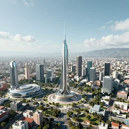 Picture of Mexico as a futuristic society, prosperous, first world, with beautiful landscapes.
