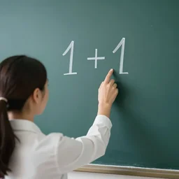 math teacher solves 1 + 1 on board, photo