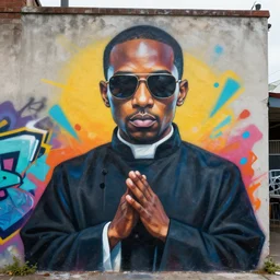 priest with shades as graffiti mural by lee, masterpiece, trending on artstation
