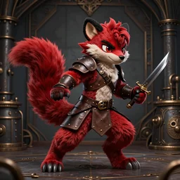 a dashing weasel bandit furry red - and - black fursona animal character { with tail }, leather armor, mid - action pose on a painted elaborate industrial background by peder balke, ue 5, flintlock and dagger, dark industrial fantasy, staring right at you, this fursona has [ a tail! ]