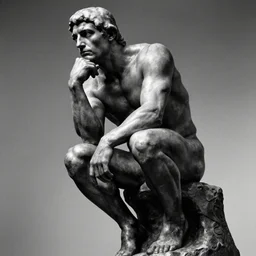 the thinker by auguste rodin, low angle, monochrome, dramatic, style of dariusz zawadzki, by tsutomu nihei