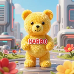 portrait of haribo bear in future city, color and shape focus, central composition, natural light, bloom, puff, by simon stalenhag and rene m