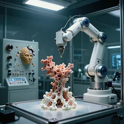 a complex thick bifurcated fractal robotic cnc surgical arm cybernetic symbiosis hybrid mri 3 d printer machine making some organic ceramic fractal forms in a glass living room laboratory room with control panels, broken hive head, knobs, camera lens orbs, dramatic 3 point lighting, film still from sci fi movie,