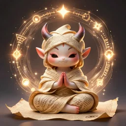 a tiny cute demon meditating, wrapped in sacred parchment with glowing text, smooth, intricate, elegant, digital painting, artstation, power runes, pulsing energy, concept art, sharp focus, octane render, illustration, art by shintaro kago and philippe druillet, overwatch character,