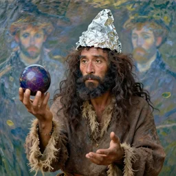 caveman with a tinfoil hat, divination ball, portrait by monet