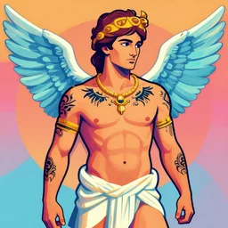 a portrait of tattooed the beautiful greek god adonis, in retro colors, synthwave style, 2 d digital vector art