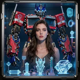 beauty woman in holograms, Megatron decepticon artifacts, electrical case display, Transformers Movie style tech, ultrarealistic, dramatic lighting, electrical details, high details, 4k, 8k, best, accurate, trending on artstation, artstation, photorealism, ultrarealistic, digital painting, style of Peter Mohrbacher, Caravaggio, Hajime Sorayama, Caravaggio, Boris Vallejo