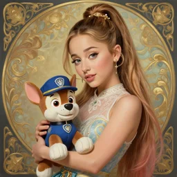 beautiful cottagecore Ariana Grande holding a Paw Patrol Plushie, intricate, elegant, highly detailed, digital painting, artstation, concept art, smooth, sharp, focus, illustration, art by artgerm and greg rutkowski and alphonse mucha
