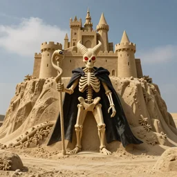 A beautiful installation art of a horned, red-eyed, skeleton-like creature, with a long black cape, and a staff with a snake wrapped around it, standing in front of a castle atop a cliff. sand sculpture by Jasper Johns soothing