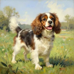 cavalier spaniel, happy summer scene, art by albert edelfelt