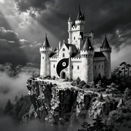 a yin-yang black and white castle near an edge on a cliff, digital art, concept art