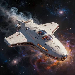 An epic fantastic realism comic book style painting of the most beautiful starship launched into space, with crew in windows, color smoke, nebula, particles, glorious galactic collision, fisheye, unreal 5, DAZ, hyperrealistic, octane render, dynamic lighting, bokeh effect