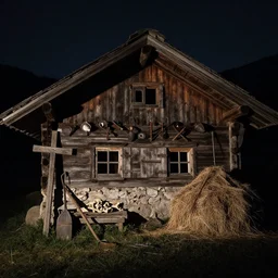 spirit photography of an old farmers hut in the dolomites, by william hope, farmer tools, wooden cross, bones, haystack, dark, eerie, grainy