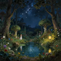 a whimsical fairyland with a pond, starry sky, ambient lighting, fantasy art, fennando amorsolo style art