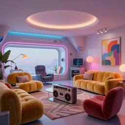 retro futuristic apartment, 7 0 s hi fi system, funky furniture, modern art, lofi, octane, 8 k uhd
