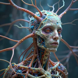 stunning eerie sage metamorphing into a vibrant nerve neurons and skeleton, hyperrealism, photorealistic art, digital arts, intricate details and composition, surreal colors, 4 k, 8 k, artstation, epic fantasy portrait