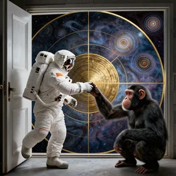 human astronaut and space chimpanzee opening door that shows space and time, by davinci, circles, golden ratio, spirals, psychedelic, intricate