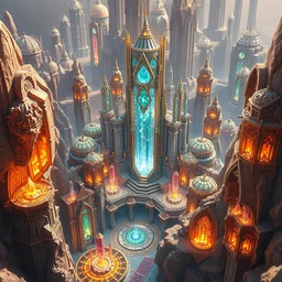 futuristic solarpunk metropolis, highly detailed crystal temples and gemstone relics, gold relics, digital painting, solid cube of light, hard edges, artstation, sharp focus, illustration, 8 k, highly detailed, aerial view