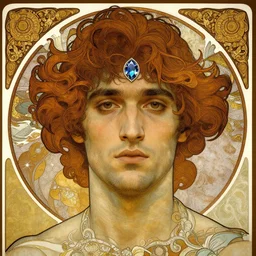 man with a gem embedded in his forehead, detailed, intricate, ornate alphonse mucha, rhads, ross tran, artstation, artgerm, octane render, 1 6 k