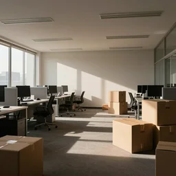 an empty office after everyone has moved out, moving boxes