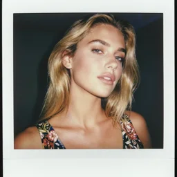 photograph of a polaroid of a olive skinned blonde female model in her twenties, wearing a designer top, looking content, focused on her neck, photo realistic, extreme detail skin, natural beauty, no filter, slr, golden hour, 4 k, high definition, selfie