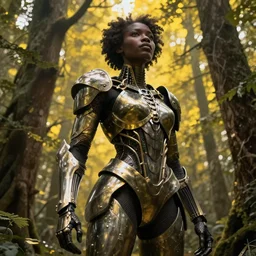 hyperrealistic super expressive! black woman with detailed exoskeleton armor, merging with tree in a forest, concept art masterpiece brad kunkle hannah yata dramatic yellow light low angle hd 8k sharp focus