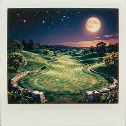 eerie moonlight, stone walls, birds eye view of a perfect infinite elysian dreamlike green hilly pastoral astral psychedelic golf course landscape with cherished trees, stone walls under cosmic stars, cherished trees, memory trapped in eternal time, golden hour, dark sky, evening starlight, haunted vintage psychedelic painted polaroid by hiroshi yoshida