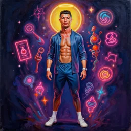 full body portrait of ronaldo phenomenon by mandy jurgens, cartoon, oil painting, visionary art, magic symbols, holy halo, neon ambient lighting, high detail, dark vibrant colors