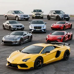 nissan gtr r 3 4, mercedez benz, honda civic, bentley, ferrari, mclaren, mustang, mini cooper, porche, jeep, vintage cars, gtr r 3 5, subaru brz, koenigsegg and supra in the shape of a lamborghini huracan concept car design, car photography, 4 k, high resolution, highly detailed