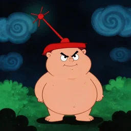 night chubby cartoon concept art, red tv transmission antenna, from lorax movie, black blue green, spiral clouds, sam and max