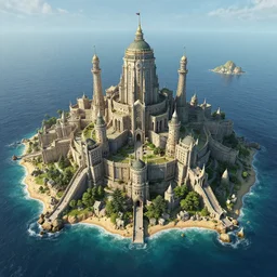 a huge fantasy prison on a small Island surrounded by the sea, highly detailed digital masterpiece