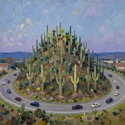 a conrad buff oil painting of a small hill covered in cactus with a circular 1 0 lane highway at it's base full of evening traffic