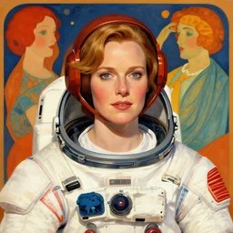 A beautiful portrait of Jodie Foster wearing a space suit, digital art by Eugene de Blaas and Ross Tran, vibrant color scheme, highly detailed, in the style of romanticism, cinematic, artstation, Greg rutkowski, mucha