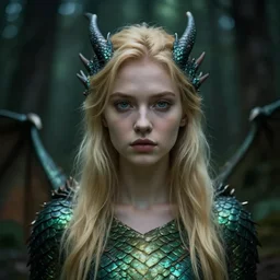 very pretty blond dragon girl with scales in a dark forest, perfect symmetrical face, shallow depth of field, moody lighting, single point of light, 8 k, ultra realistic, octane render,