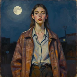 portrait in daring femininity, ethnic, realistic face sculpted features, thin and statuesque model, street outfit with layered shirts, plaid, jacket with buckles, warm glow, bathed in moonlight, chiaroscuro, specular highlights, angular impressionism, patina, midnight color scheme, twilight tones, modern fashion, contemporary art, oil on canvas