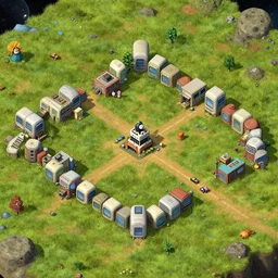 offset overhead view of a small colony, with buildings made from modular capsules, on an alien grassland, on an alien planet, from a space themed point and click 2 d graphic adventure game, inspired by thomas kinkade