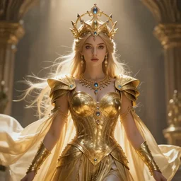 a goddess wearing a gold Armor and precious gemstones in her crown, flowing dress, light coming from being, depth of field, concept art in the style of Daniel Dociu