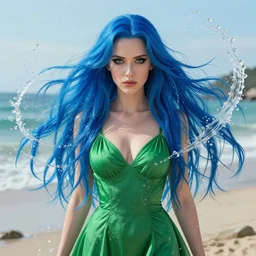 style artgerm, joshua middleton, beautiful kristen bell with green dress, very long blue hair, symmetrical face, symmetrical eyes, water powers water swirling, detailed, beach setting, cinematic lighting