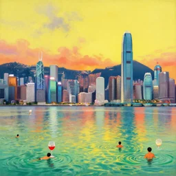 the skyline of hong kong city icecream green and red and i love the sound of music on a rainy sunset with people swimming in wine glasses, super realistic and highly detailed painting by japanese comic illustration on yellow background by fernando botero and james jean, dreamy summer vibes, cinematic colors and super wide angle view