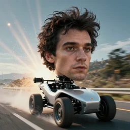 Giant head of David Copperfield, dark hair, heavy eyebrows, on a robotic car with wheels running on a californian highway, rays of light, particles light, kuvshinov ilya, unreal engine