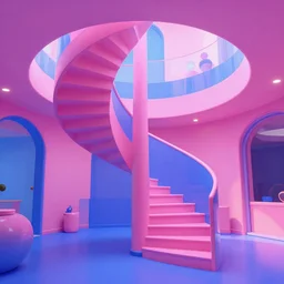 a pink and blue interior with a spiral staircase, a raytraced image by Ricardo Bofill, featured on tumblr, retrofuturism, vaporwave, rendered in unreal engine, y2k aesthetic
