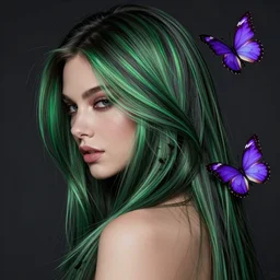an art of a beautiful hair after using kerastase, green lining. dark background. next to purple butterflies. digital art by Dan Mumford and Peter Mohrbacher, highly detailed, trending on ArtStationHQ