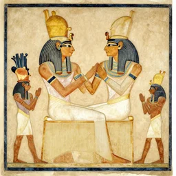 Sphinx king sitting and everyone is praying him, egyptian art